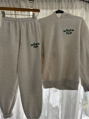 White Fox Boutique Light Gray Hoodie & Sweatpants Set with Green Logo